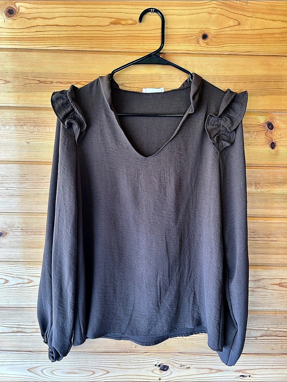 Les Amis Textured Solid Ruffle Neck Long Sleeve Blouse Brown Small